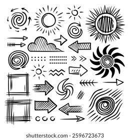 A collection of black and white sketch style doodle elements, including suns, arrows, lines, symbols and various other decorative shapes.