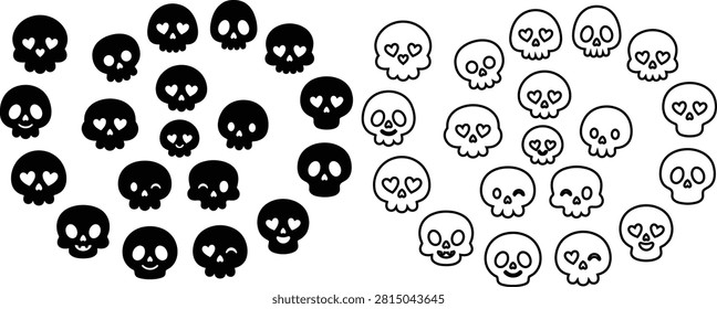 A collection of black and white skull illustrations with heart-shaped eyes, arranged in two groups on a white background.