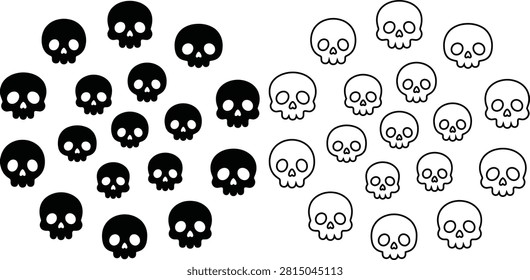 A collection of black and white skulls arranged in two groups on a plain white background, creating a striking contrast.