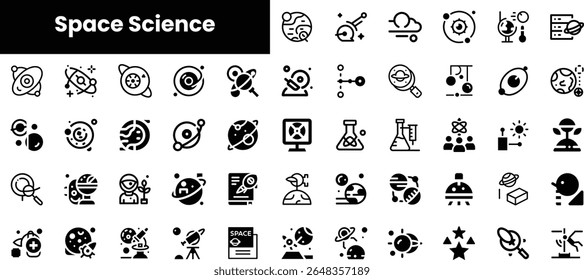 A collection of black and white space science icons, featuring planets, astronauts, telescopes, and scientific equipment, perfect for educational or creative projects.