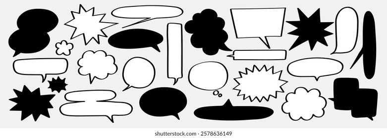 Collection of black and white speech bubbles in various shapes. Speech bubbles for comics, speech bubbles for dialogue, speech bubbles for design. Message illustration vector.