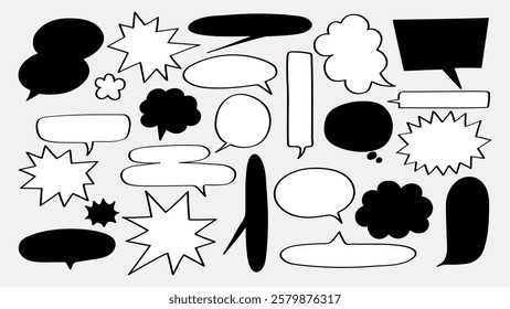 A collection of black and white speech bubbles in various shapes and sizes. Speech bubbles for comics, cartoons, and graphic design. Speech bubbles for dialogue. Message illustration vector.