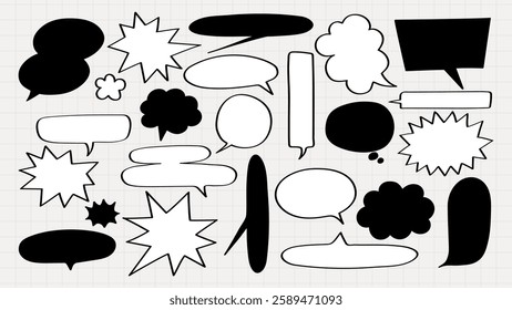 A collection of black and white speech bubbles in various shapes and sizes. Speech bubbles for comics, dialogue, and design. Speech bubbles for creative projects. Message illustration vector.