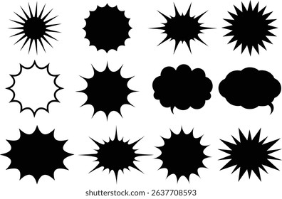 Collection of black and white speech bubbles and burst elements for comic book designs