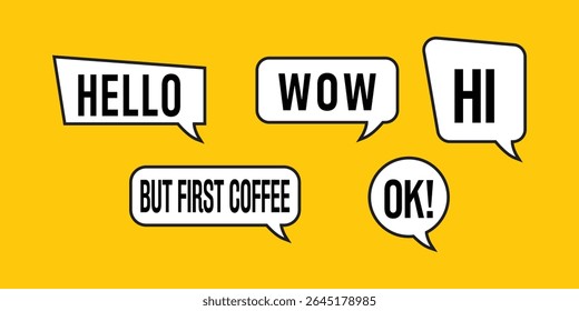 Collection of black and white speech bubbles with bold text on a bright yellow background