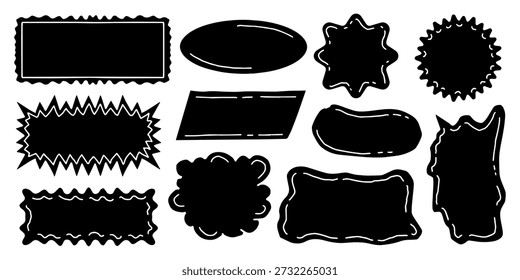 Collection of black and white speech bubbles and text frames for creative design. Hand drawn black label and speech bubble shapes set
