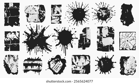 A collection of black and white splatters and shapes. Some of the shapes are squares and some are circles