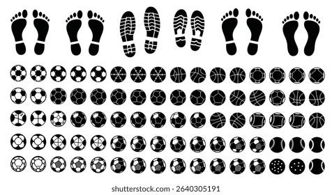 Collection of Black and White Sport Items Feet and Balls Silhouettes