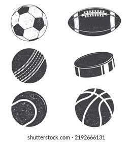 Collection Of Black And White Sports Balls in retro style. Vector Illustration Silhouettes.