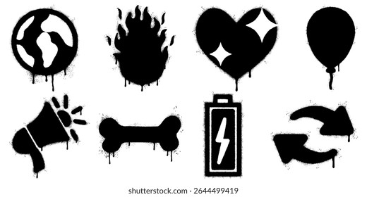 Collection of black and white spray paint stencil icons including Earth, fire, heart, balloon, megaphone, bone, battery, and refresh arrows. Grunge street art style with dripping paint effect.