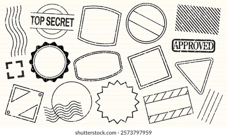 Collection of black and white stamp designs. Includes 'Top Secret' and 'Approved' stamps. Various shapes like circles, squares, and triangles. Black blank stamps, vector set.