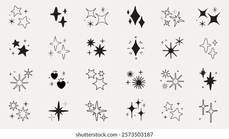 A collection of black and white star and sparkle icons. Stars and sparkles in various shapes. Minimalist star and sparkle designs for creative projects. Element vector set.