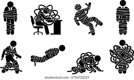 A collection of black and white stick figures depicting various states of being trapped, entangled, or bound by ropes and tape, illustrating concepts of restriction, overwhelm, and being tied up.