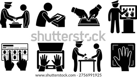 A collection of black and white stick figures and hands illustrating various biometric identification processes, including fingerprint scanning, handprint verification, and security checks by officers.