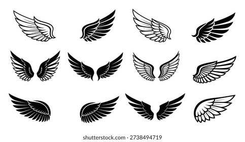 Collection of black and white stylized wing a white background wings angel