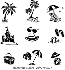 Collection of Black and White Summer Elements Silhouette