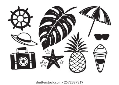 Collection of black and white summer vacation icons.