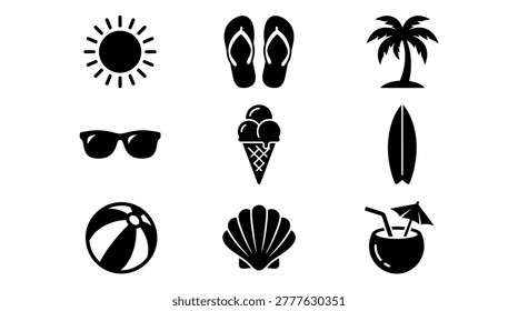 Collection of black and white summer vacation icons including sun, flip-flops, palm tree, sunglasses, ice cream, surfboard, beach ball, seashell, and coconut drink.