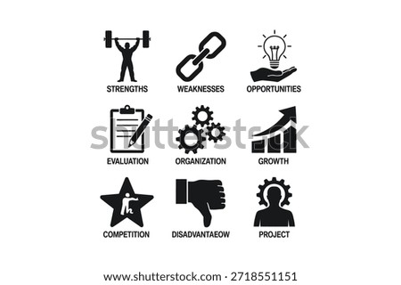 A collection of black and white SWOT analysis icons representing business strategy concepts.
