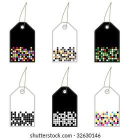 collection of black and white tags with colored squares and copy-space