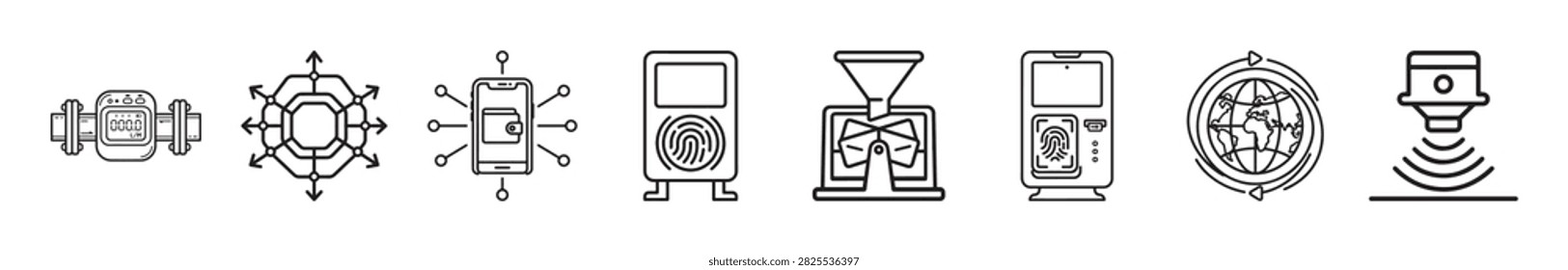 collection of black and white technology icons showing digital gadgets electronic devices and control systems with simple line art style