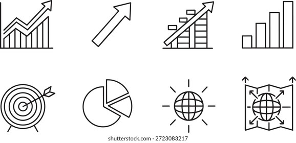 collection of black and white thin line business icons for data analysis financial growth and global strategy