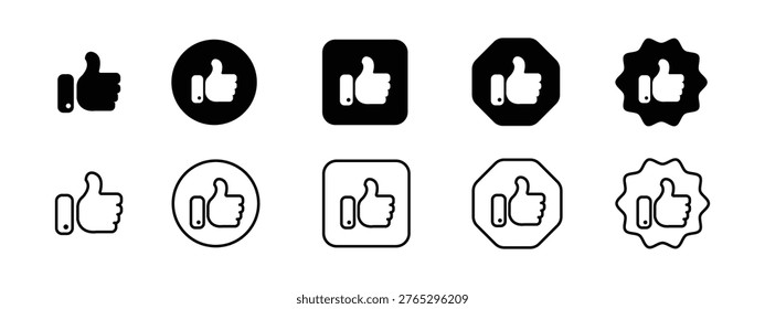 A collection of black and white thumbs up, Like icons in various shapes and styles on a clean white background