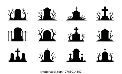 Collection of black and white tombstone silhouettes with crosses fences and bare trees in a graveyard setting ideal for halloween or gothic themes