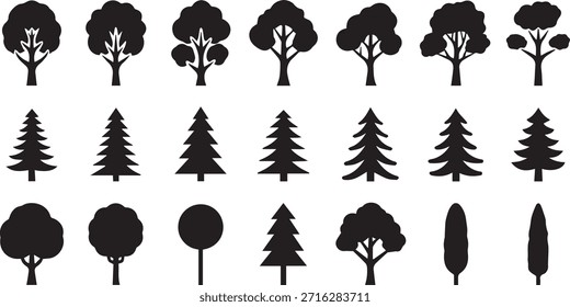 Coleção de silhuetas de árvore preto e branco em estilo minimalista evocando um humor sereno