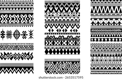 A collection of black and white tribal patterns, arranged vertically. The patterns feature geometric shapes and lines.