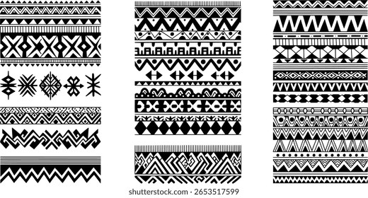 Uma coleção de padrões e bordas inspiradas por tribos em preto e branco.