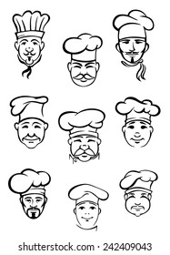 Collection of black and white vector doodle sketches of the heads of chefs in traditional toques with nine different variations