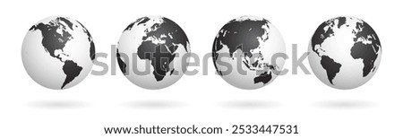 Collection of Black and White Vector Earth Globe Symbols. Different Views centered on each continent. Three dimensional Effect Style Globes.