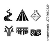 A collection of black and white vector graphics depicting roads, bridges, and pathways, suitable for design projects.