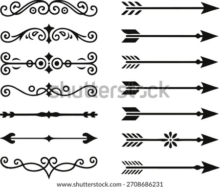 A collection of black and white vector graphics featuring decorative borders and various arrow designs, perfect for adding a touch of elegance or direction to your projects.