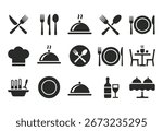 A collection of black and white vector icons representing various dining and restaurant elements, including cutlery, plates, serving domes, and a table setting.
