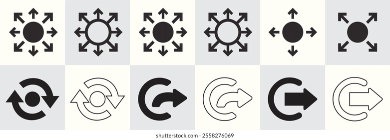 A collection of black and white vector icons featuring outward-pointing arrows, circular motion symbols, and rotation designs, representing movement and direction concepts.