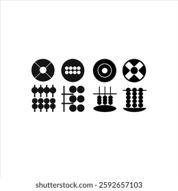 A collection of black and white vector icons featuring various abacus designs and mathematical symbols, including pie charts, circular graphs, and geometric elements.