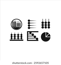 A collection of black and white vector icons featuring various abacus designs and mathematical symbols, including pie charts, circular graphs, and geometric elements.