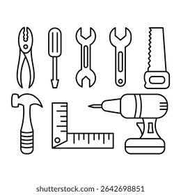 Coleção de ícones de vetor preto e branco de Mão comum e ferramentas de energia para projetos de DIY e reparação. incluindo broca, martelo, serra e chave inglesa em estilo plano