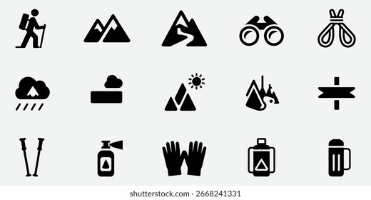 Collection of black and white vector icons representing hiking and outdoor adventure activities, including mountains, backpacker, binoculars, and camping gear.