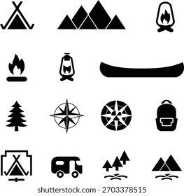 Una colección de iconos vectoriales en blanco y negro que representan varias actividades de aventura y camping al aire libre, incluidas tiendas de campaña, montañas y una brújula.