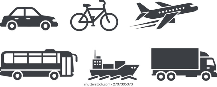 Una colección de iconos vectoriales en blanco y negro que representan varios modos de transporte, incluidos un automóvil, bicicleta, avión, autobús, barco y camión.