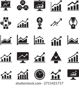 Una colección de iconos vectoriales en blanco y negro que representan varios conceptos de análisis de negocios, finanzas y crecimiento. Incluye gráficos de barras, gráficos de líneas, pantallas de monitor, símbolos de trabajo en equipo, trofeo, luz