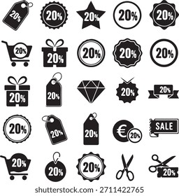Eine Sammlung schwarz-weißer Vektorsymbole, die 20 Prozent Rabatt darstellen. Umfasst verschiedene Formen wie Tags, Kreise, Sterne, Bänder, Einkaufswagen, Geschenkboxen und einen Diamanten, die alle mit '