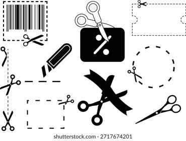 Colección de iconos vectoriales en blanco y negro que ilustran varios conceptos de corte, incluidas tijeras sobre líneas de puntos Cupones de un código de barras de signo porcentual y ceremonia de corte de cinta que simbolizan tratos y perforaciones.