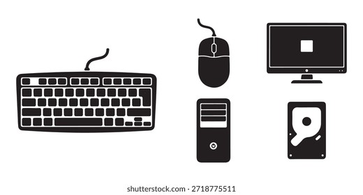 Una colección de iconos vectoriales en blanco y negro que representan componentes esenciales de la computadora, incluidos un teclado, mouse, monitor, torre de PC y disco duro.