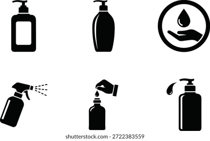 A collection of black and white vector icons representing hygiene products and practices. Includes soap dispensers, a hand sanitizer spray bottle, a hand washing symbol, and liquid dispensing.