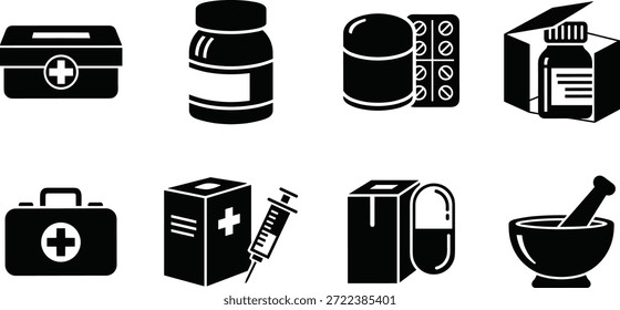 Una colección de iconos vectoriales en blanco y negro que representan varios artículos médicos y farmacéuticos, incluyendo cajas de primeros auxilios, botellas de medicamentos, blísters de píldoras, jeringas y un mortero.