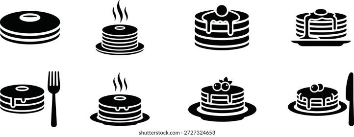 Una colección de iconos vectoriales en blanco y negro que representan pilas de panqueques. Incluye variaciones como panqueques calientes con vapor, panqueques con jarabe y bayas, y panqueques con tenedor y cuchillo. Estilo de diseño simple y plano.